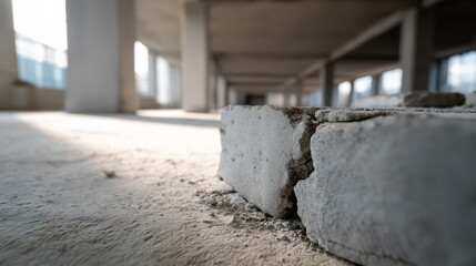 Naklejka premium Cracked concrete pillar in unfinished building showing structural damage and construction failure.