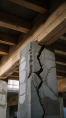 Naklejka premium Cracked concrete pillar in unfinished building showing structural damage and construction failure.