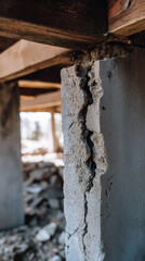 Naklejka premium Cracked concrete pillar in unfinished building showing structural damage and construction failure.