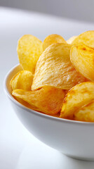 Bowl filled with crispy golden potato chips isolated on a clean background.
