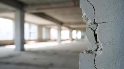 Naklejka premium Cracked concrete support pillar inside abandoned unfinished building structure.