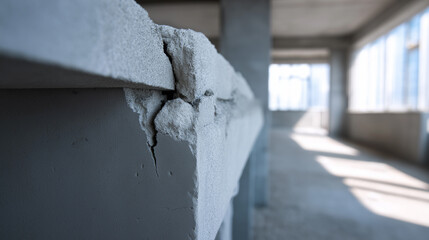 Naklejka premium Cracked concrete support pillar inside abandoned unfinished building structure.