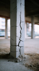 Naklejka premium Cracked concrete support pillar inside abandoned unfinished building structure.