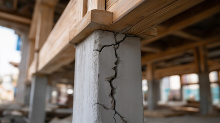 Naklejka premium Cracked concrete support pillar inside abandoned unfinished building structure.
