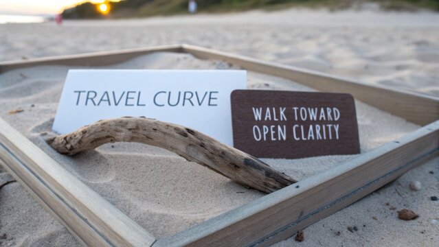 Inspirational travel signs in the sand showcasing clarity and adventure on a serene beach at sunset.