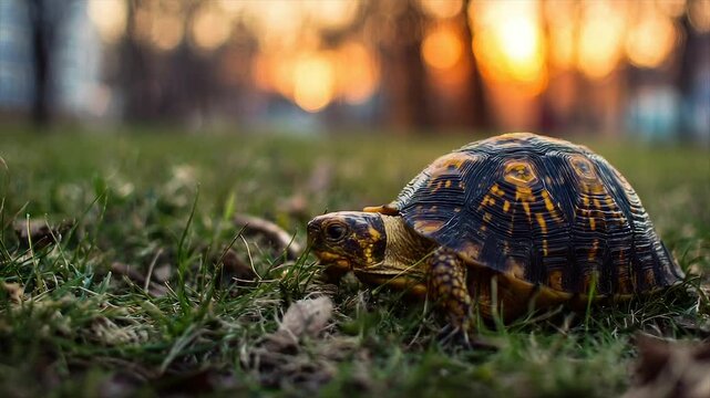Close-up of a turtle walking on grass with a blurred background of trees and sunset