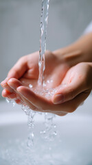 Fototapeta premium Hands holding clean flowing water symbolizing hygiene, purity and sustainable water use.