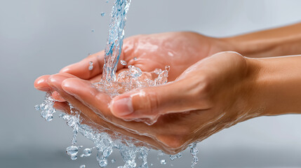Fototapeta premium Hands holding clean flowing water symbolizing hygiene, purity and sustainable water use.