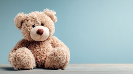Obraz premium Adorable Brown Teddy Bear Sitting on Wooden Surface Against Blue Background for Children