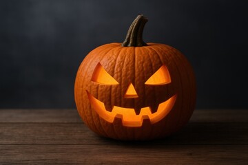 Obraz premium Illuminated Jack O'Lantern with Spooky Carved Face on Wooden Surface for Halloween Celebration