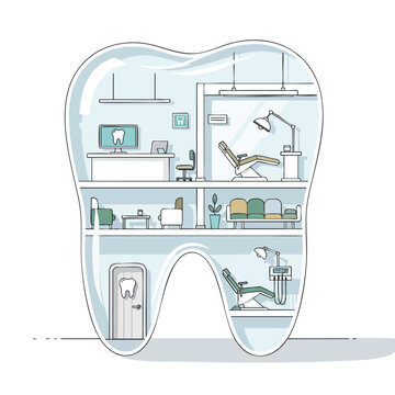 Cross-section of a stylized tooth building housing a dental clinic with multiple levels