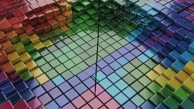 Square pixels dynamically rearranging into shifting mosaic pattern forming smooth seamless loop abstract animation.
