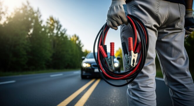 Man holding jumper cables on roadside, assisting a car with a dead battery, in a rural setting