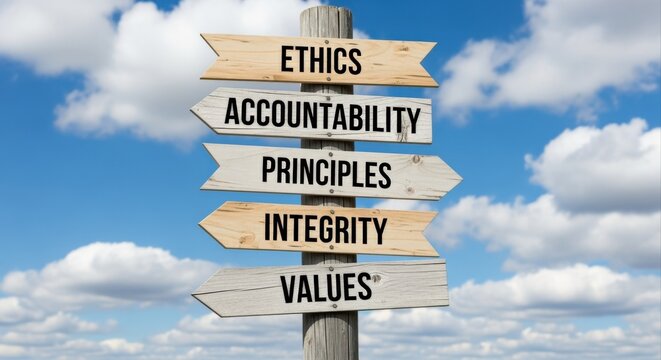 Ethical business values depicted on a signpost against a vibrant blue sky, embodying integrity and accountability
