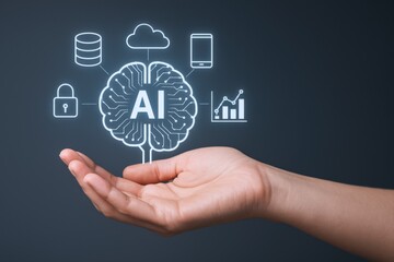 Fototapeta premium Artificial intelligence concept showing brain with network and data symbols hovering over a hand for technology business