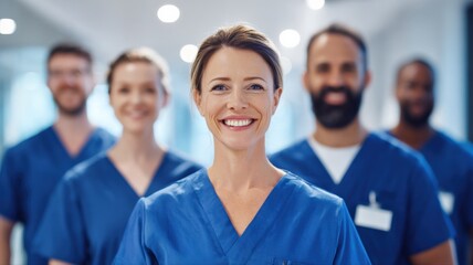Fototapeta premium Dedicated Medical Team: Confident Healthcare Professionals Smiling in Hospital Setting, Demonstrating Teamwork and Patient Care