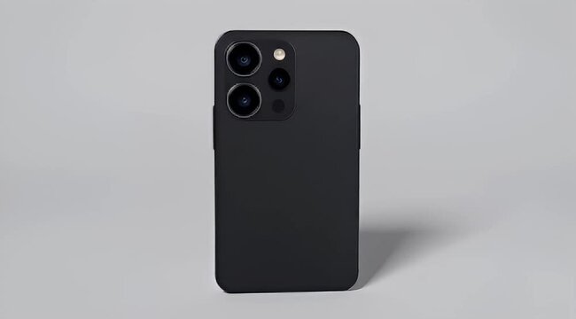Close up of a black iPhone with a triple camera system on a white background