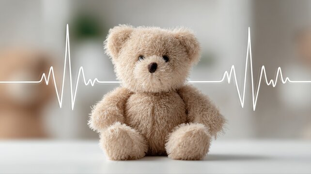 Teddy bear with heartbeat line, a symbol of children's health, cardiology, and pediatrics