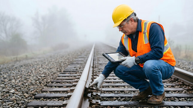 Railway safety inspector in a yellow hard hat and orange vest crouching on train tracks while using a digital tablet for infrastructure maintenance and inspection in foggy weather