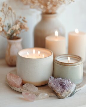 Elegant Soy Wax Candles with Crystals and Floral Decor for Home Ambiance and Relaxation