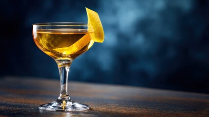 Elegant cocktail in coupe glass with lemon twist garnish against a dark moody background