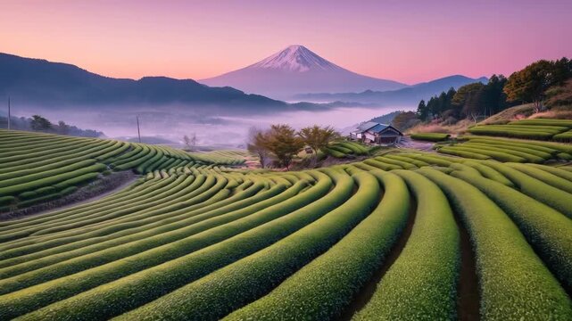 朝霧に包まれた茶畑と富士山の風景