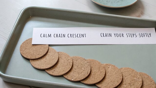 Calm Chain Crescent with Inspirational Quote on Coasters Arranged Neatly on a Light Tray