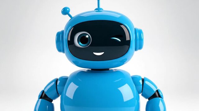 Cute blue robot waving hello, friendly AI character, technology concept