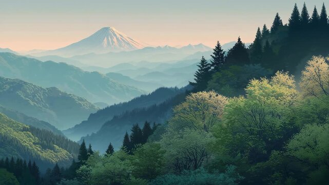 春の富士山と新緑の森を望む穏やかな朝の景色