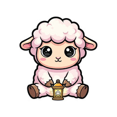 A cartoon pink lamb sitting with a lantern, featuring big eyes and rosy cheeks, in a digital illustration with pastel tones. Perfect for Easter, Ramadan, and children's educational