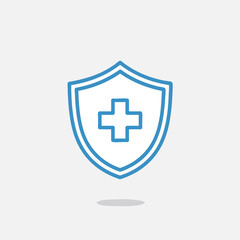 Fototapeta premium Blue outline shield with white and blue stripes and a plus symbol