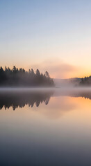 Fototapeta premium Misty sunrise over a tranquil lake, reflecting the soft hues of dawn and the silhouette of a pine forest