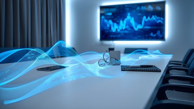 Empty office room with digital hologram.