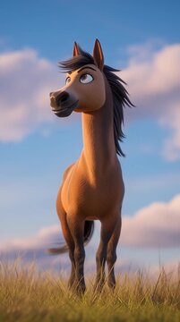 Animated horse expressing joy in a vibrant meadow cartoon style playful scene