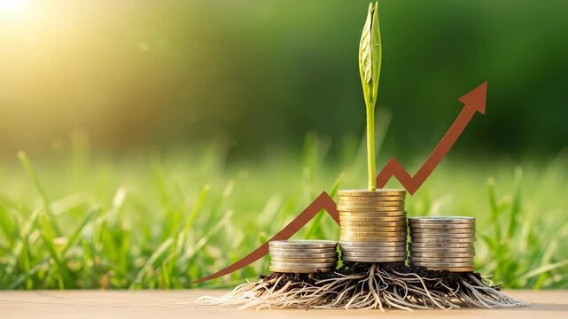 Growing Plant with Coins and Rising Graph.