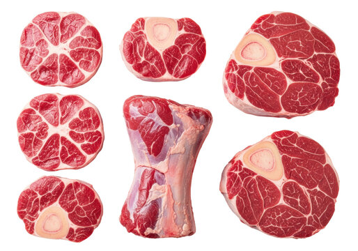 Raw bone-in beef shank and osso buco slices, crimson red and marbled, meticulously arranged on a stark white background in a high-angle flat lay, premium butcher presentation