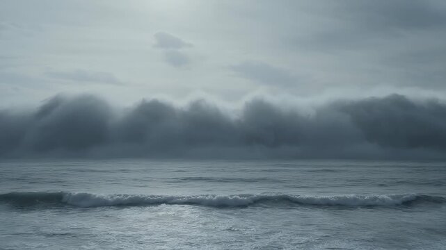 Massive wall of water crashes, creating a dramatic, monochromatic seascape