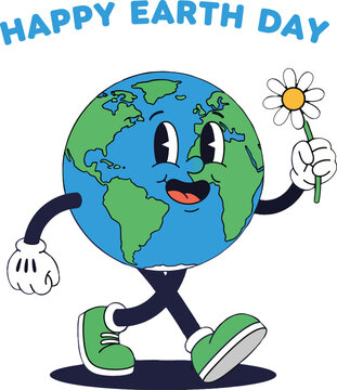 Happy earth day retro cartoon earth character walking with a daisy flower on a transparent background