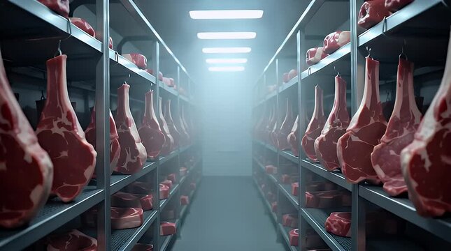Rows of fresh, uncooked meat, primarily large bone-in cuts, are meticulously organized and stored on racks in a spacious, illuminated, professional refrigeration unit.