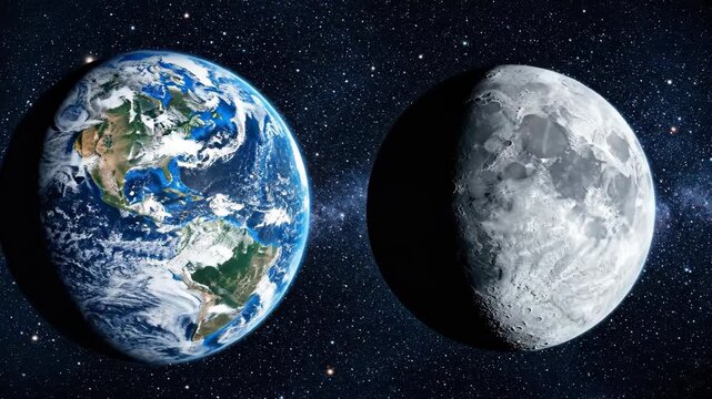 Earth and Moon in space, zoom effect video for International Day of Human Space Flight, educational content, presentations and blogs