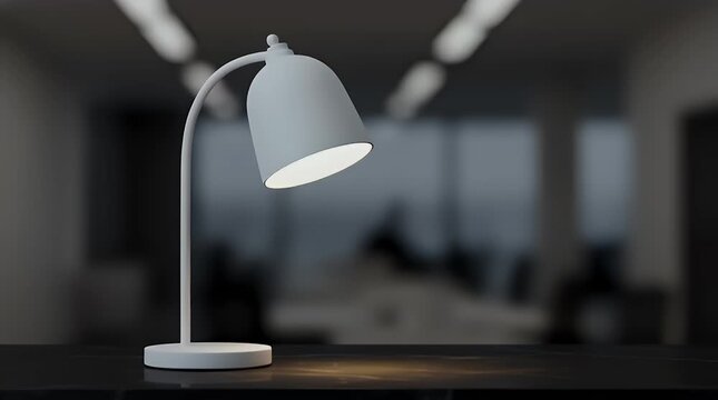Minimalist white desk lamp featuring an adjustable gooseneck design illuminates a dark surface in a softly blurred modern office background setting