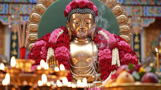 Golden Buddha statue adorned with roses and garlands in temple
