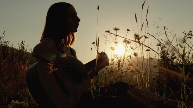 A girl with long hair is silhouetted against the golden sun, strumming her guitar among tall grass and wildflowers. The serene rural scene radiates calm and inspiration