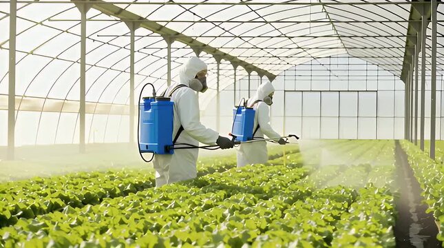 Two workers wearing personal protective equipment including full hazmat suits and respirators carefully spray pesticide on leafy green crops growing inside a modern commercial greenhouse.