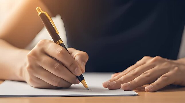 Close up view of a person&rsquo;s hand carefully holding a sleek gold and black pen to write important documents or take notes on a clean white piece of paper during the day.
