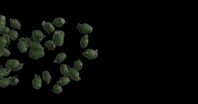 3D hand grenade animation moving across the screen from right to left. Ideal for action scenes, transitions, and motion graphics projects. 4K UHD with alpha channel.