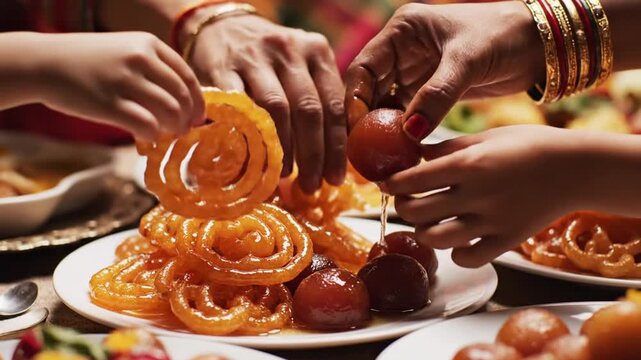 Adult and child hands reaching for traditional Indian sweets