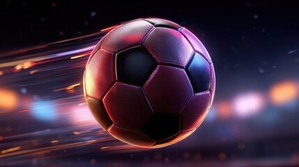 Fototapeta premium High speed soccer ball with dynamic light trails in motion blur at night stadium background.