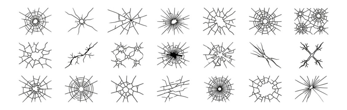 set of twenty different broken glass cracks vector illustrations on transparent background