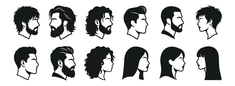 silhouettes of male and female heads with different hairstyles and beard styles on transparent background